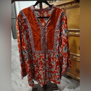 Woman Within Floral Tunic Top Plus Size 2X Button Front Purple Peasant Boho